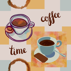 Seamless vector and watercolor cofee pattern with freehand sketc