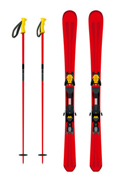 Touring set, skiing equipment: skis and poles in flat style.