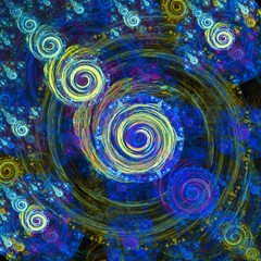 Starry night. Computer-generated fractal in blue, green and yellow colors.