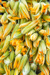 Zucchini flowers for sale at a market in Palermo, Sicily