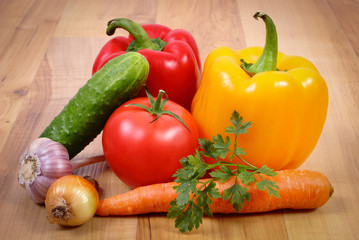 Fresh ripe vegetables on wooden surface, healthy lifestyle and nutrition