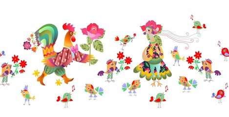 Border with fairy rooster and hen. Vector illustration.