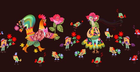 Seamless border with fairy cock and hen. Vector illustration. Year of the rooster. Textile, paper, wallpaper, web design.