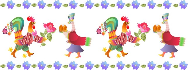 Border with beautiful flowers, fairy ducks and cocks. Vector illustration. Year of the rooster. 2017. Cute cartoon birds.