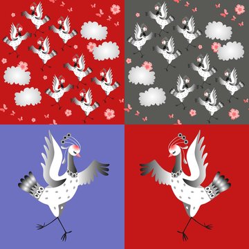 Dancing cranes. Set of vector illustration. Two seamless pattern and two pictures with cute cartoon birds. Asian traditional background.