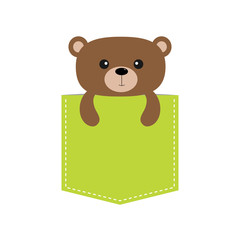 Bear in the pocket. Cute cartoon character. Dash line. Forest animal collection. T-shirt design. White background. Isolated. Flat
