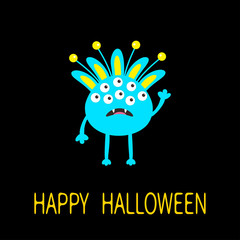 Happy Halloween greeting card. Blue monster with ears, fang tooth. Funny Cute cartoon character. Baby collection. Flat design. Black background.