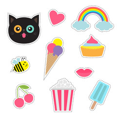 Quirky cartoon sticker patch badges set. Fashion pin collection. Cat, heart, rainbow, cloud, cupcake, bee, ice cream, popcorn, lips, cherry Dash line contour. Isolated. Baby background. Flat design.