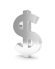 Obraz premium Isolated silver dollar sign on white background. American currency. Chrome silver economy symbol. 3D rendering.