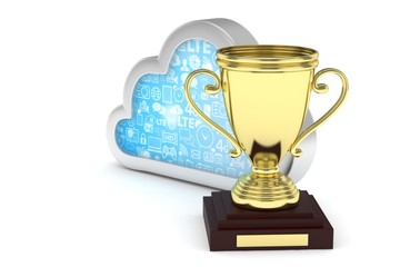 Isoalted golden cup with cloud on white background. Silver contour cloud. Concept of cloud storage competition. Leader cloud drive. Best storage contest. 3D rendering.