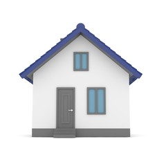Isolated home with blue roof on white. 3D rendering.