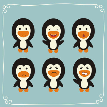 Vector set funny penguins. Collection isolated  penguins in cartoon style. Emotion penguin.