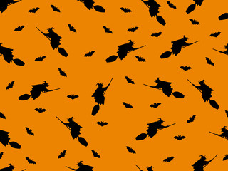 Seamless pattern with a witch on a broom and bats for Halloween. Vector illustration.