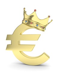 Isolated golden euro sign with crown on white background. European currency. Concept of investment, european market, savings. Power, luxury and wealth. Crown with gems. 3D rendering.