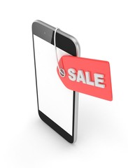 Smart phone with red sale label on white background. Best offer. Leader of sales. 3D rendering.