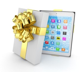 Tablet in white gift box with golden bow and ribbons on white. 3D rendering.