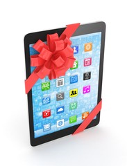 Black tablet with red bow and icons. 3D rendering.
