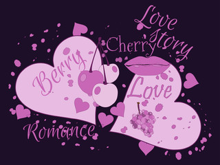 Love story. Beautiful print for t-shirts and textiles. Kiss and cherry. Love collage. Vector illustration.