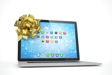 Tied laptop with golden bow on white background. Modern present or gift for birthday, holiday, christmas. 3D rendering.