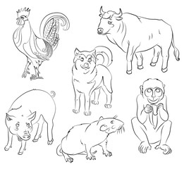 rooster, dog, pig, rat, monkey and ox