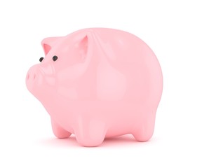 Pink shiny piggybank on white background. Concept of investment, savings and more. 3D rendering.