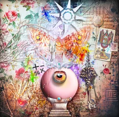 Cercles muraux Imagination Fond de collage avec boule de cristal magique et papillon de nuit