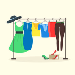 Clothes Racks with Women Wear on Hangers. Vector