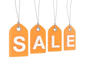 Orange isolated sale labels on white background. Price tags. Special offer and promotion. Store discount. Shopping time. 3D rendering.