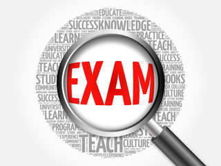 EXAM Word education collage with magnifying glass, concept 3D illustration