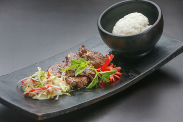 Lunch time - beef meat with veggie and rice
