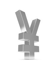 Isolated silver yen yuan sign on white background. Chinese japanese currency. Concept of investment, asian market, savings. Power, luxury and wealth. 3D rendering.