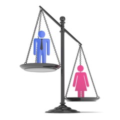 Isolated old fashioned pan scale with man and woman on white background. Gender inequality. Female is heavier. Law issues. Colorful model. 3D rendering.