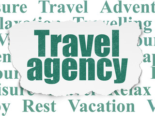 Tourism concept: Travel Agency on Torn Paper background