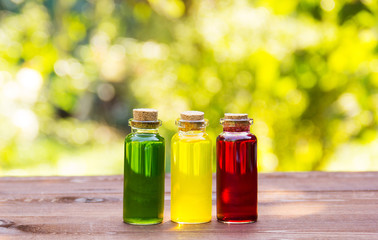 Glass vial with colored liquids. Ingredients and chemicals. Materials for the study. Copy space. Spa concept. Cosmetic bottles.