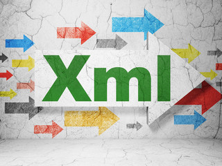 Software concept: arrow with Xml on grunge wall background