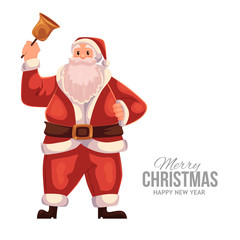 Cartoon style Santa Claus ringing a bell, Christmas vector greeting card. Full length portrait of Santa ringing a bell, greeting card template for Christmas eve