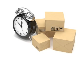 Fototapeta premium Package and alarm clock, delivery concept. 3d rendering.