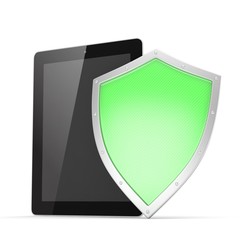 Tablet PC and shield on white device security concept. 3d rendering.