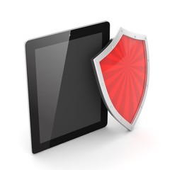 Tablet PC and shield on white device security concept. 3d rendering.