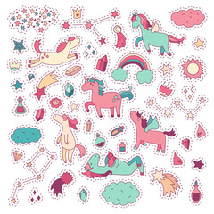 Unicorn and pony collection with magic items. Vector hand drawn
