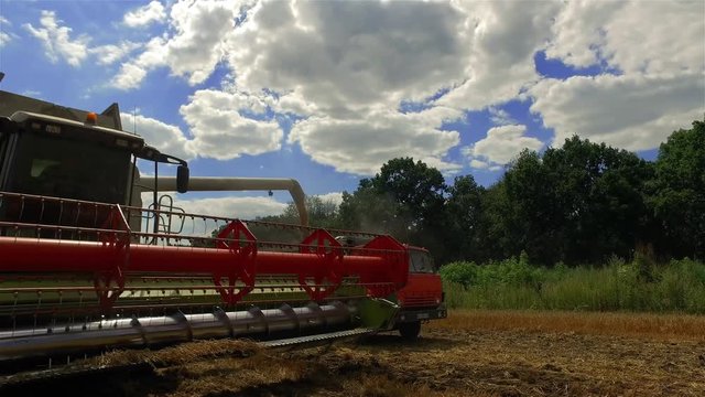 Thresher combine harvester with reel and cutter bars unloading grain. Farm vehicle machine 4k video. Bread production concept.