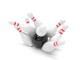 Bowling ball and skittles isolated. 3d rendering.