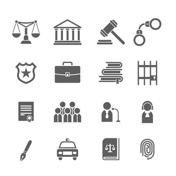 Set of black and white law and justice icons.Judge, gavel, lawyer, scales court, jury, sheriffs, star, law books, briefcase, scribe, prison - stock vector illustration.