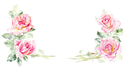 Frame from roses. Wedding drawings. Greeting cards. Flower backdrop. Decoration with blooming roses. Place for your text. Watercolor hand drawn illustration