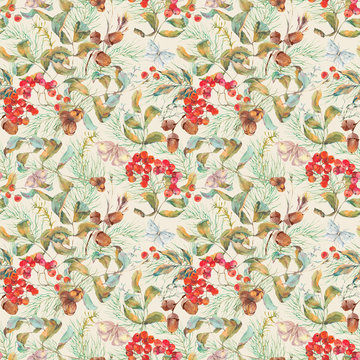 Autumn seamless pattern with branches of rowan