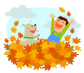 Fototapeta premium Boy and his dog playing in a pile of autumn leaves