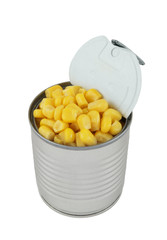 Canned corn in tin isolated on white background