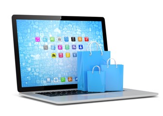 laptop and  shopping pags on white background. 3d rendering.