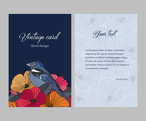 Romantic vintage double-sided card, colorful abstract flowers and bird with the contours on dark background, greetings for birthday, valentines day, mothers day, vector illustration