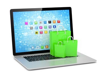 laptop and  shopping pags on white background. 3d rendering.